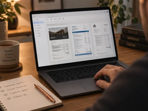 A laptop on a desk showing several quotes open side by side, next to a notebook with a checklist for comparing them.