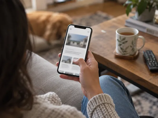 A person on a sofa scrolling a business website on their phone, with a mug of tea and a TV remote on the table beside them.