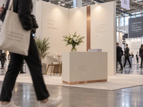 A visitor with a tote bag walking past a cream exhibition stand with a counter and a vase of flowers.