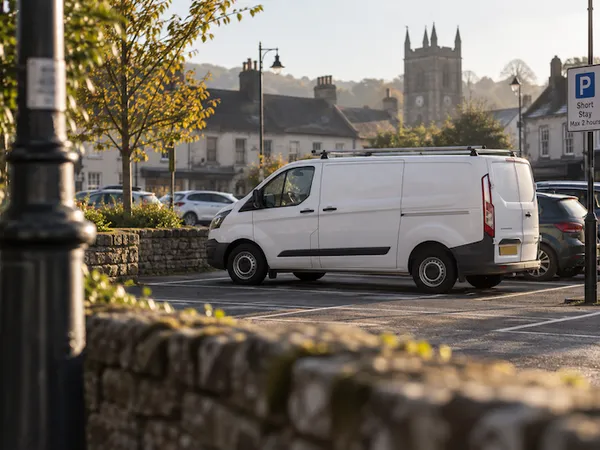 A plain white van parked in a small-town car park, seen from across the road behind a stone wall.