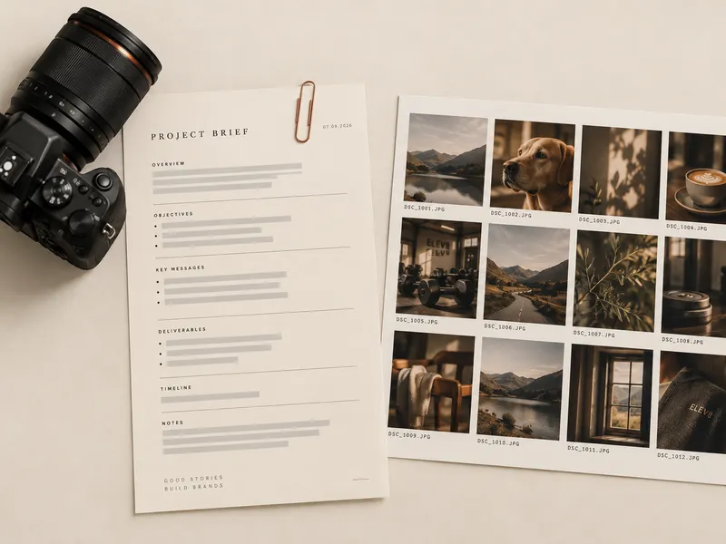 A one-page photography brief lying beside a camera and a contact sheet of consistent, warmly lit photos.