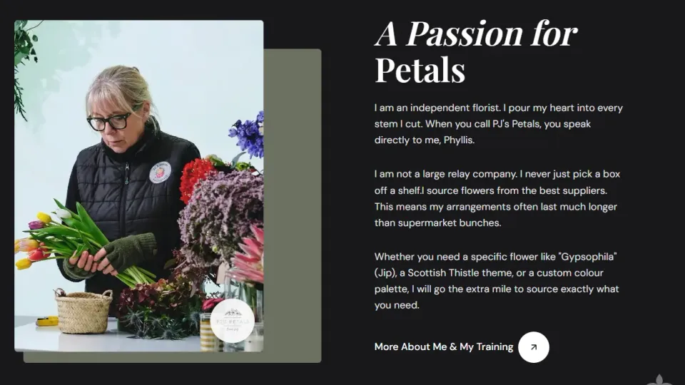 PJ's Petals' new brand identity in use: her own logo mark, colour palette, typography and photography of Phyllis working in her studio.