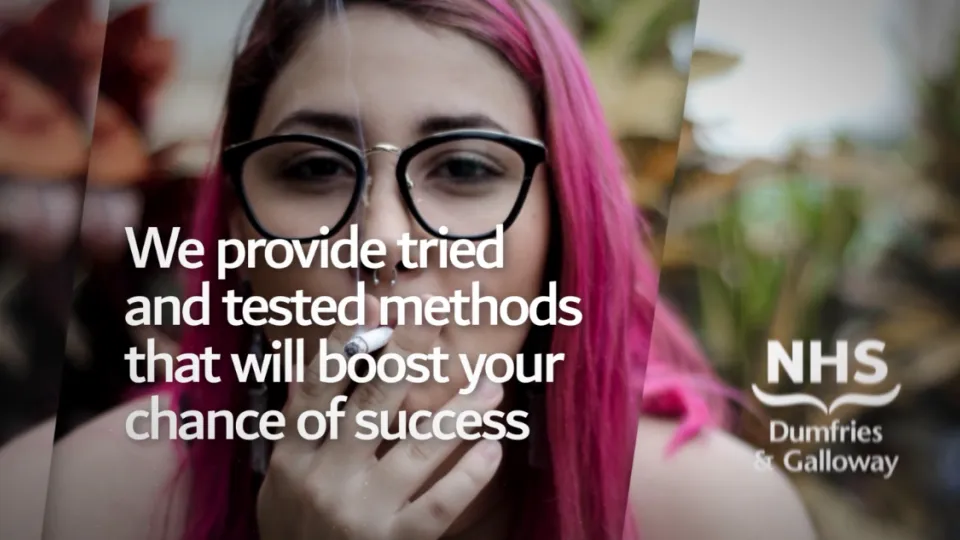 Still from an NHS Smoking Matters film showing the ways the service can help people stop.