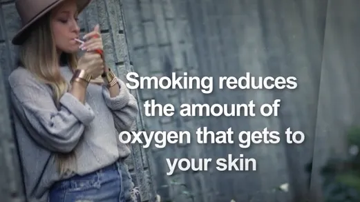 Still from an NHS Smoking Matters film reading “Smoking reduces the amount of oxygen that gets to your skin”.