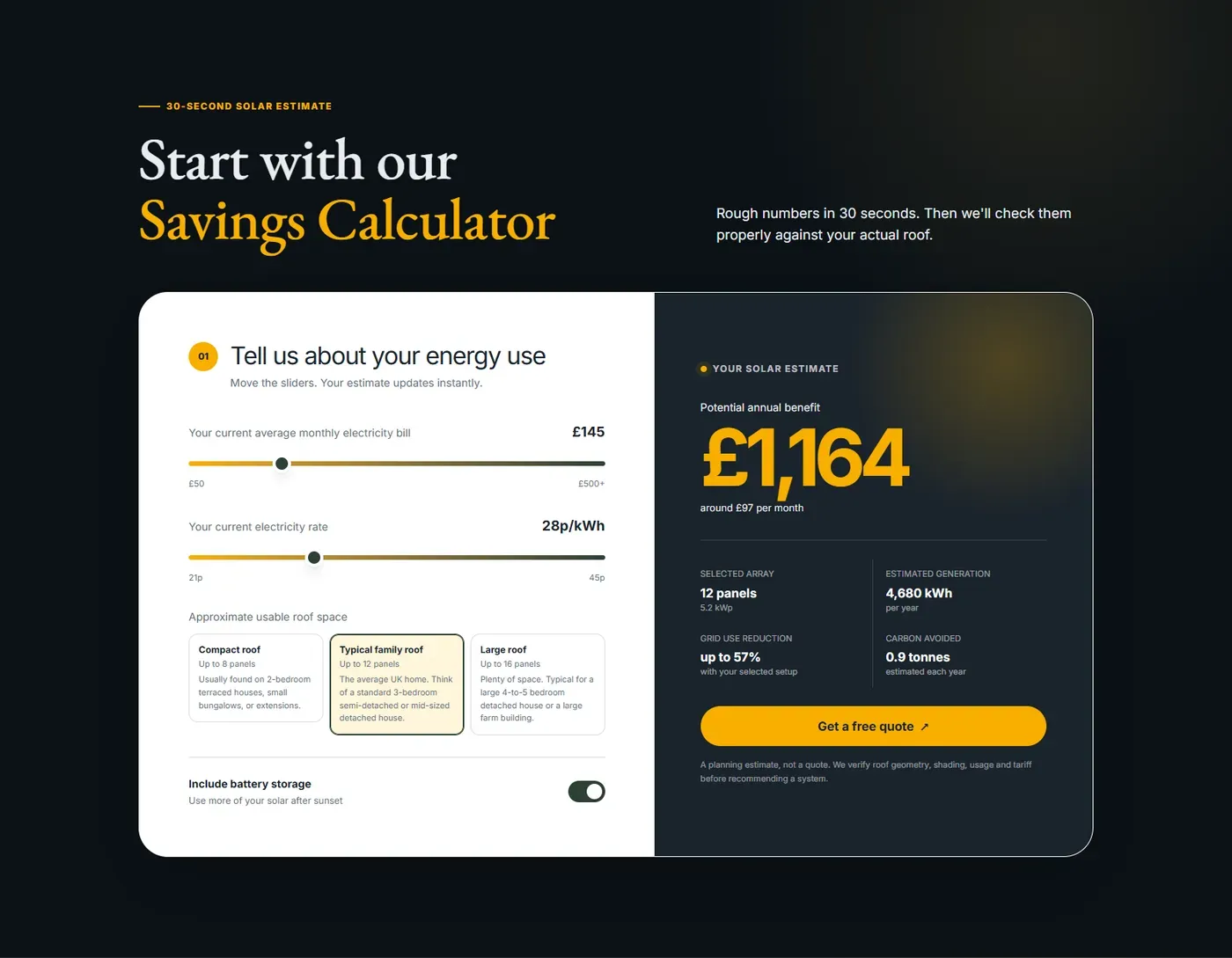 Hackwood Renewables savings calculator showing an annual solar estimate
