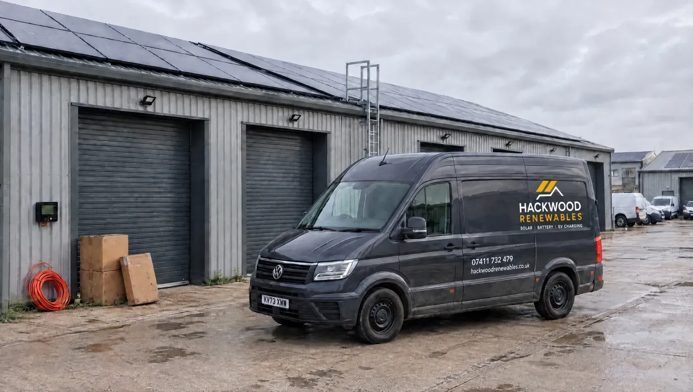 Branded Hackwood Renewables van parked outside industrial units with solar panels