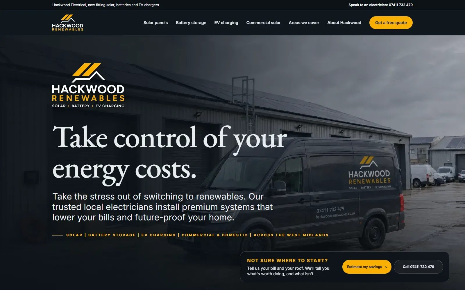 Hackwood Renewables homepage with a branded van outside a solar-roofed industrial unit