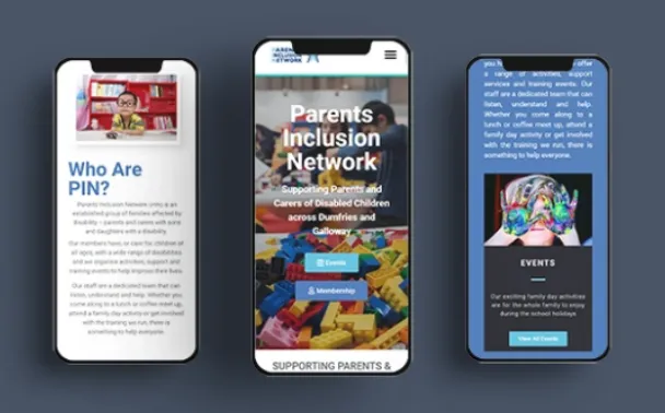 Parents Inclusion Network website on three mobile screens