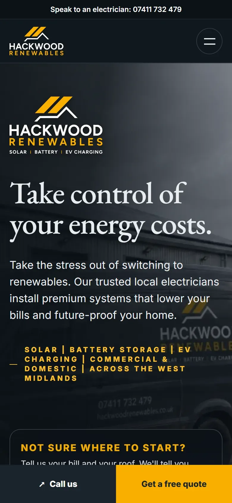 Hackwood Renewables homepage on a mobile phone