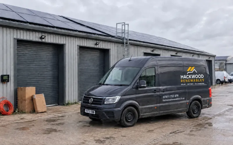 Hackwood Renewables van outside industrial units with rooftop solar panels